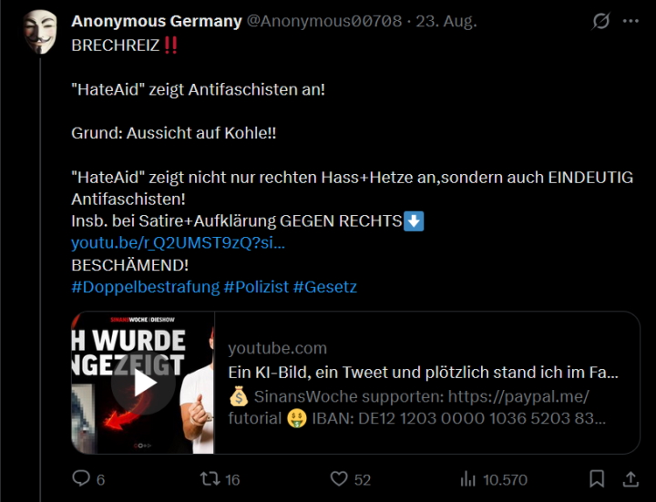 Zonen Gaby (@zonengaby_) on Twitter photo Der Anon Larper in 3 Kapiteln erklärt:
November 22: bitte Hass an Hateaid melden!
Januar 23: folgt mal Hateaid!
August 25: Hilfe, Hateaid zeigt Antifas an, Strafen für Meinungen sind voll doof! Der Anon Larper in 3 Kapiteln erklärt:
November 22: bitte Hass an Hateaid melden!
Januar 23: folgt mal Hateaid!
August 25: Hilfe, Hateaid zeigt Antifas an, Strafen für Meinungen sind voll doof!