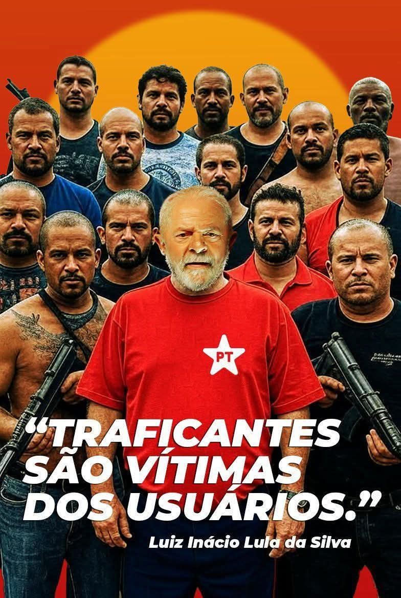 Group of men standing in a semi-circle formation against an orange sunset background several wearing casual shirts and jeans some displaying tattoos on arms one central older man with white beard and hair in red collared shirt with white star emblem others in blue and black attire multiple men holding pistols at sides expressions serious and intense overlaid text in Portuguese Traficantes sao vitimas dos usuarios attributed to Luiz Inacio Lula da Silva.