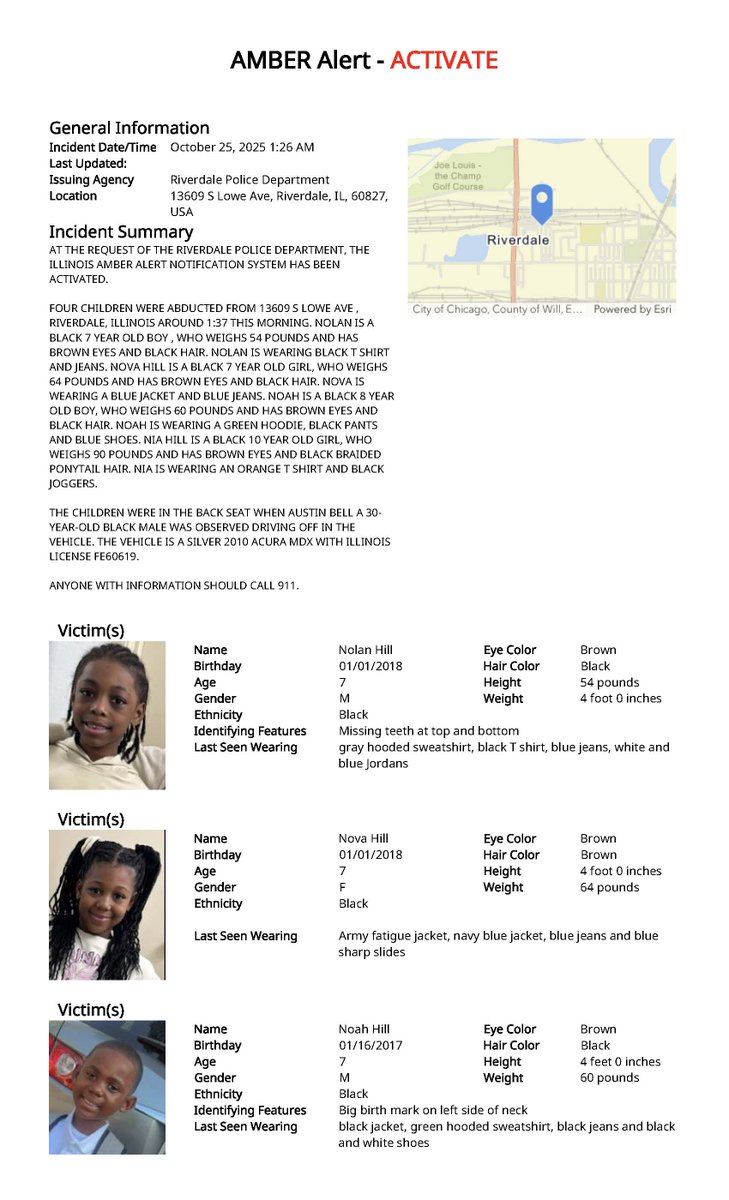 ISPAlerting's tweet image. At the request of the Riverdale Police Department the Illinois AMBER Alert system has been activated.