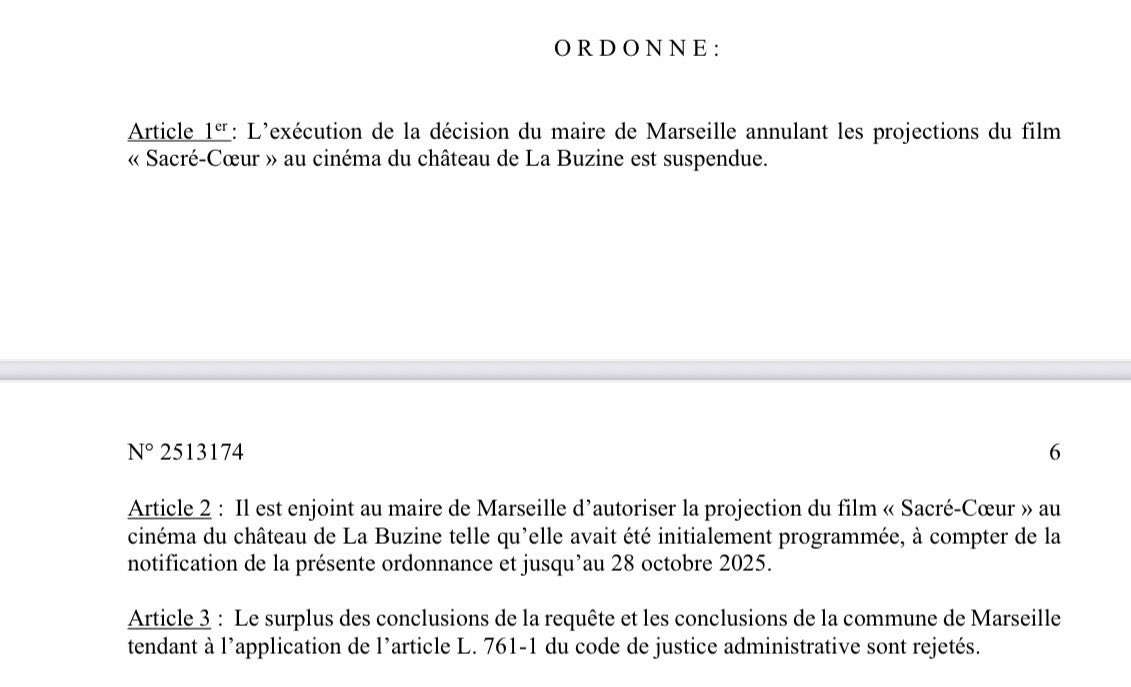 Philippe Khozian (@pkhozian) on Twitter photo ⚖️ Nouveau camouflet pour <a href="/BenoitPayan/">Benoît Payan</a> : le Tribunal administratif annule l’interdiction du film Sacré-Cœur au Château de la Buzine.
Encore une décision illégale, encore un désaveu.
Quand l’idéologie remplace le droit, c’est la liberté qui recule. <a href="/laprovence/">La Provence</a>
#sacrecoeur ⚖️ Nouveau camouflet pour <a href="/BenoitPayan/">Benoît Payan</a> : le Tribunal administratif annule l’interdiction du film Sacré-Cœur au Château de la Buzine.
Encore une décision illégale, encore un désaveu.
Quand l’idéologie remplace le droit, c’est la liberté qui recule. <a href="/laprovence/">La Provence</a>
#sacrecoeur