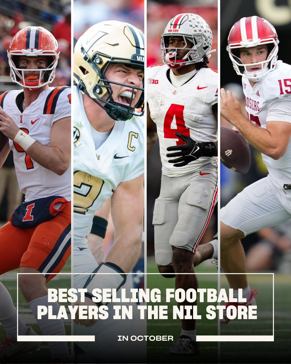 nil_store's tweet image. In honor of another CFB Saturday... the Best Selling Football Players in the NIL Store this month:  

1. Luke Altmyer
2. Diego Pavia
3. Jeremiah Smith
4. Fernando Mendoza
5. Cain Wallner
6. Rocky Beers
7. Kansei Matsuzawa 
8. Devon Dampier
9. Hank Beatty 
10. Byrum Brown