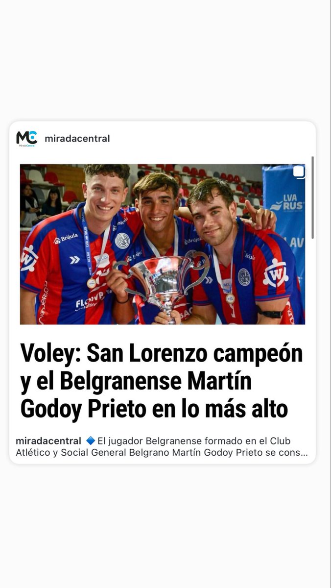 mirada_central's tweet photo. ORGULLO BELGRANENSE EN LA SUPERCOPA DE VÓLEY🏐

El jugador Belgranense formado en el Club Atlético y Social General Belgrano Martín Godoy Prieto se consagró campeón de la Supercopa Ciudad de Morón con San Lorenzo de Almagro 

Todos los detalles en https://t.co/yfFVLlLekT https://t.co/Pd8r2Cbvuk