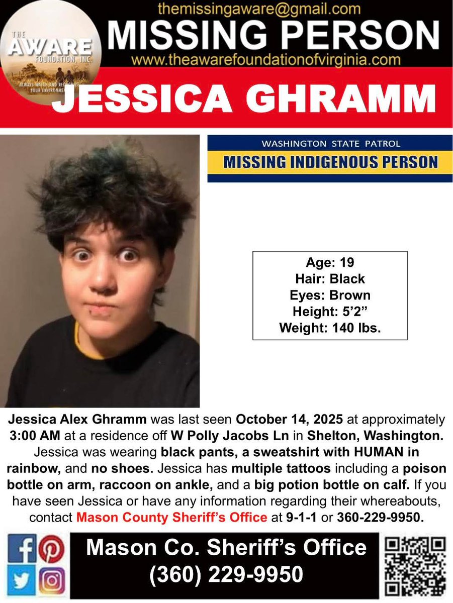 aware_the's tweet image. ***MISSING INDIGENOUS PERSON ALERT***
SHELTON, WASHINGTON
Jessica Alex Ghramm was last seen October 14, 2025 at approximately 3:00 AM at a residence off W Polly Jacobs Ln in Shelton, Washington. Jessica was wearing black pants, a sweatshirt with HUMAN in rainbow, and no shoes.…