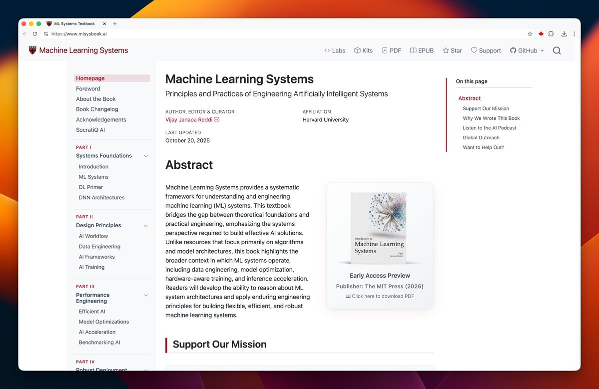 HiTw93's tweet image. Introduction to Machine Learning Systems,源自哈佛教授 Vijay Janapa Reddi 一个开源教材,教你从边缘设备到云端,动手搭建真实可用的 AI 系统。不再只停留在训练模型,而是学会怎么让模型真正跑起来、跑得稳、跑得快。
mlsysbook.ai
