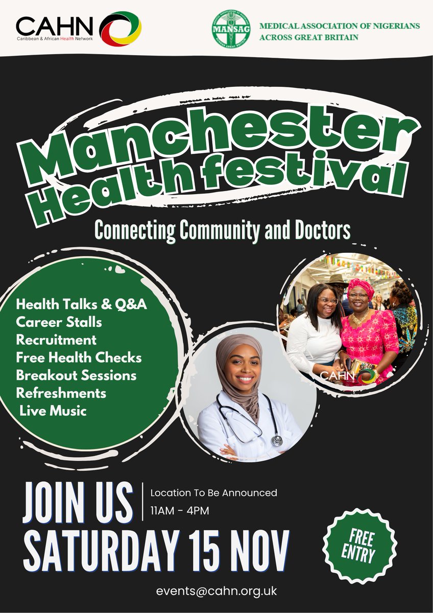cahn_uk's tweet image. Manchester, get ready to celebrate health, culture &amp;amp; community!
Join CAHN × @MANSAG_uk on 15 Nov for the Manchester Health Festival 2025
15 Nov | 11AM–4PM | events@cahn.org.uk
Free checks ✅ Inspiring talks ✅ Networking ✅ Live music ✅ Healthcare Career stalls ✅
Mark your