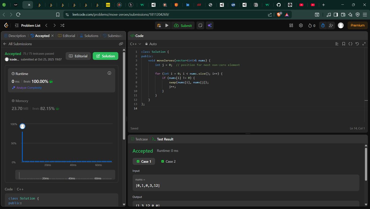icodertanuz1's tweet image. Day 3 of #180DaysOfCode 💪
Solved “Move Zeroes” 🔥
Used two-pointer approach to swap non-zero elements forward and push all zeros to the end efficiently ⚡
#LeetCode #DSA #CodingJourney #CodeNewbie