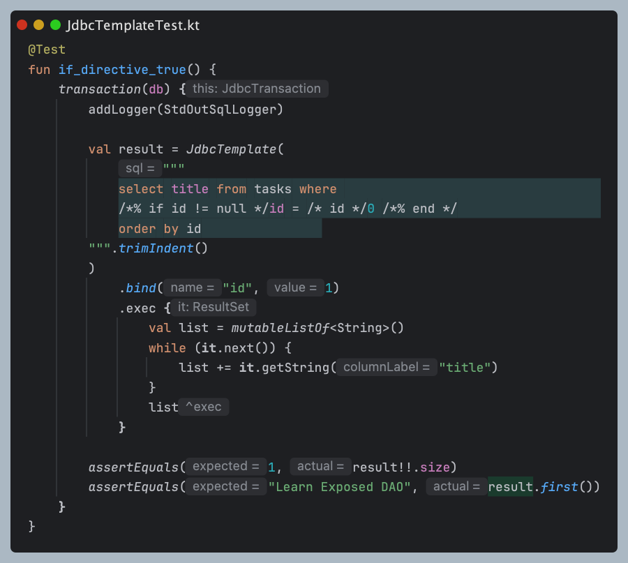 nakamura_to's tweet image. Kotlin Exposed で two-way SQLなテンプレートを使えるようにしている