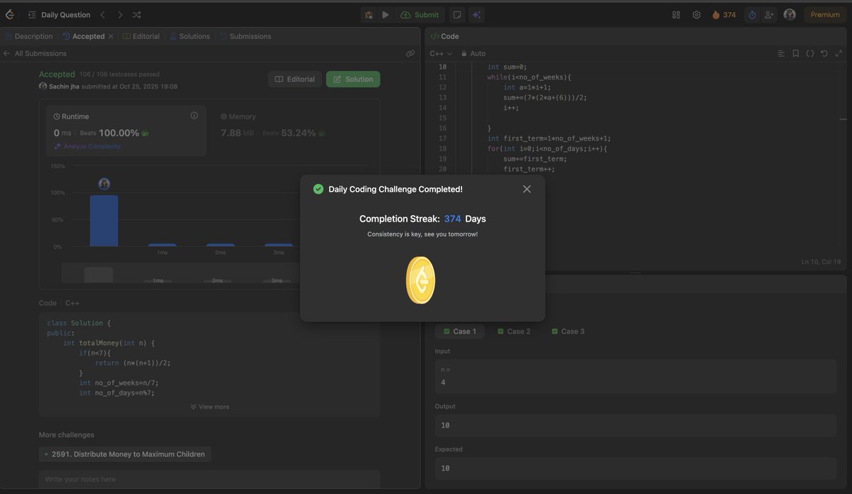 Sachin25660937's tweet image. 🚀Day 13 of  #100DaysOfCode · LeetCode 1716 ✅
Let w = n // 7, r = n % 7.
Total = 28*w + 7*w*(w-1)/2 + r*(1+w) + r*(r-1)/2 — sums full weeks + leftover days. O(1) time, O(1) space. Simple math beats simulation. #LeetCode #algorithmselection