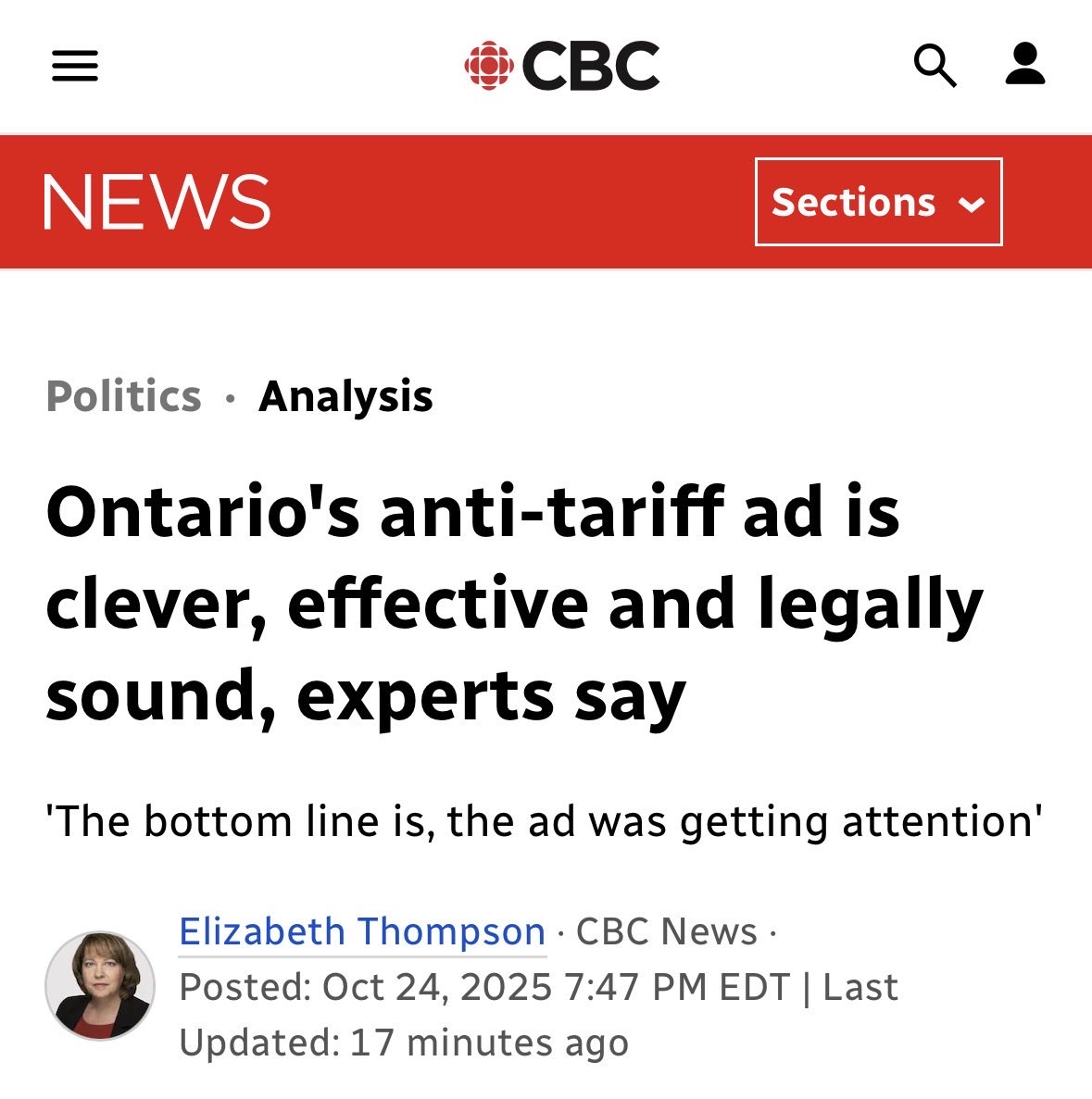 Ryan Gerritsen🇨🇦🇳🇱 (@ryangerritsen) on Twitter photo Of course CBC finds the “experts” to declare the ad clever & effective. 
It was effective at terminating trade negotiations. Of course CBC finds the “experts” to declare the ad clever & effective. 
It was effective at terminating trade negotiations.