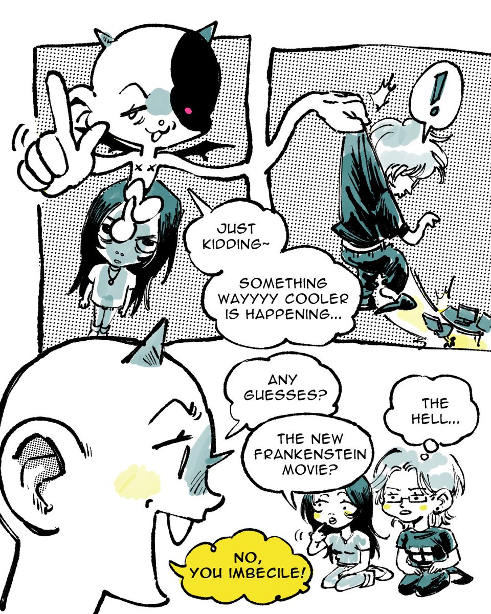 HEAR YE! HEAR YE! 🔔 

Little post to talk about my comic coming out next month with <a href="/KC0llin/">Koe'</a> 🥃🖤 In Frenglish of course 😎 1/3