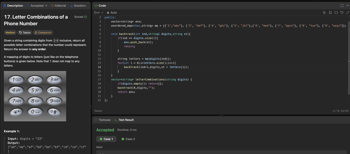 Rohan_269's tweet image. Day 76/200: Solved -“Letter Combinations of a Phone Number" ☎️
Used backtracking in C++ to explore every possible letter combo for each digit. 
#200DaysOfCode #LeetCode #Day76 #CodingChallenge #strivers #A2ZDsa