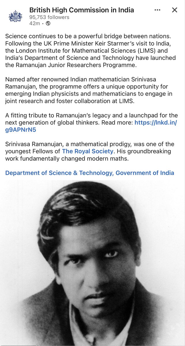ResearchDashbo1's tweet photo. Is Srinivasa Ramanujan a “posthumous” soft power?

Post courtesy: @UKinIndia https://t.co/xR1qcLkPQE
