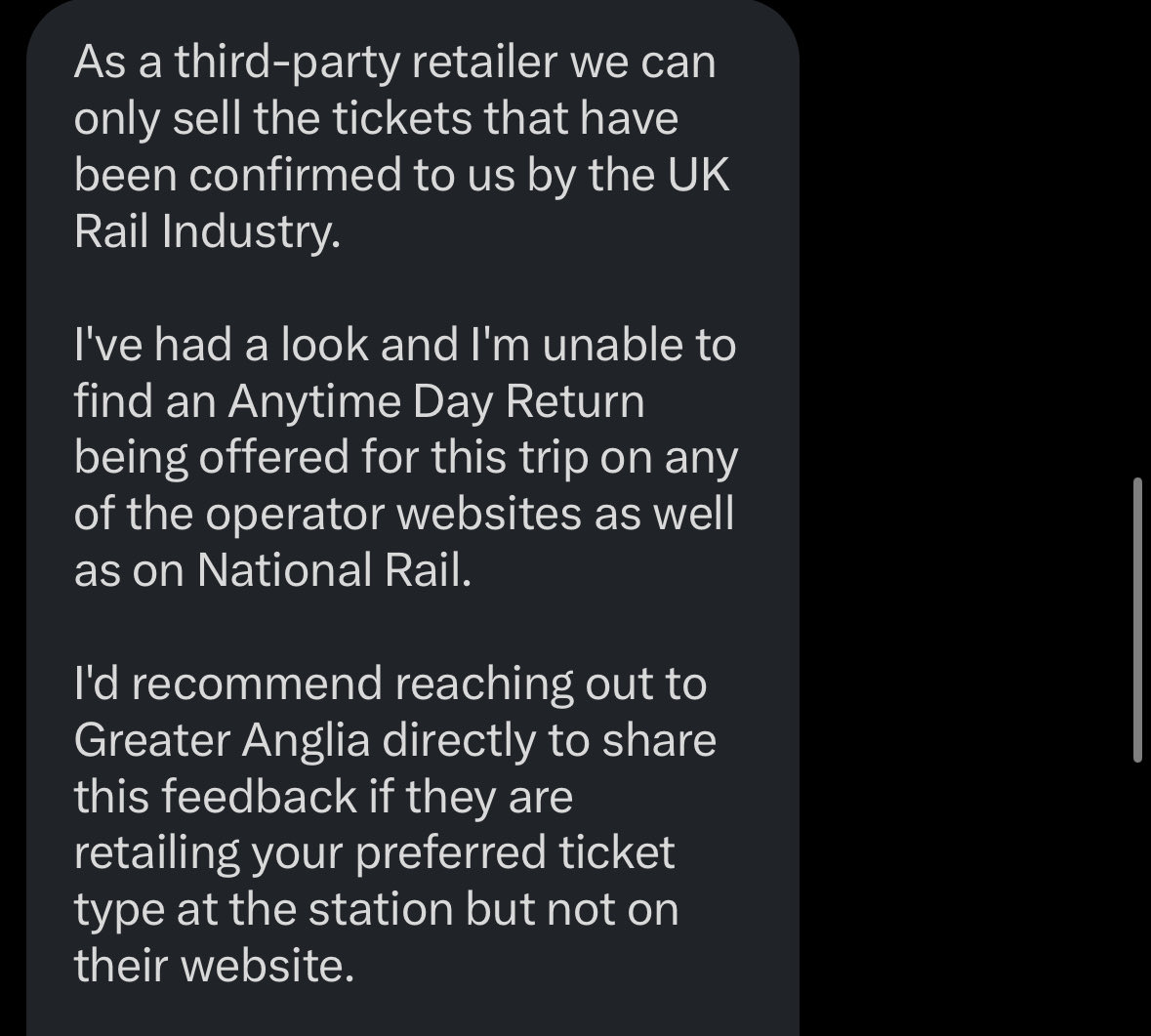 OcsarH01's tweet photo. @greateranglia Thank you, for your information I have contacted Trainline also as this is who I buy my tickets through. They seem to believe that the anytime day return is no longer provided to them by greater anglia https://t.co/QLJ7nnuWwG