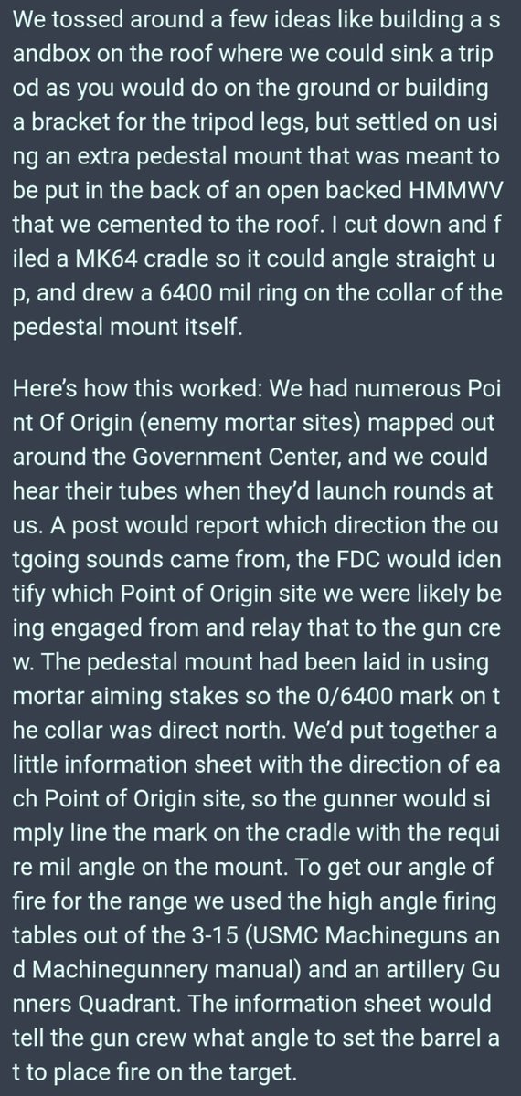 BenMcCombe's tweet photo. Found a reddit post from Platner describing his unit in Iraq being ordered to stop using mortars in high density urban areas.

He devised a method to use mk19 grenade launchers to evade detection by command. "It wasn't the most accurate system" he says, but he still used it. https://t.co/dFAgsttL9e