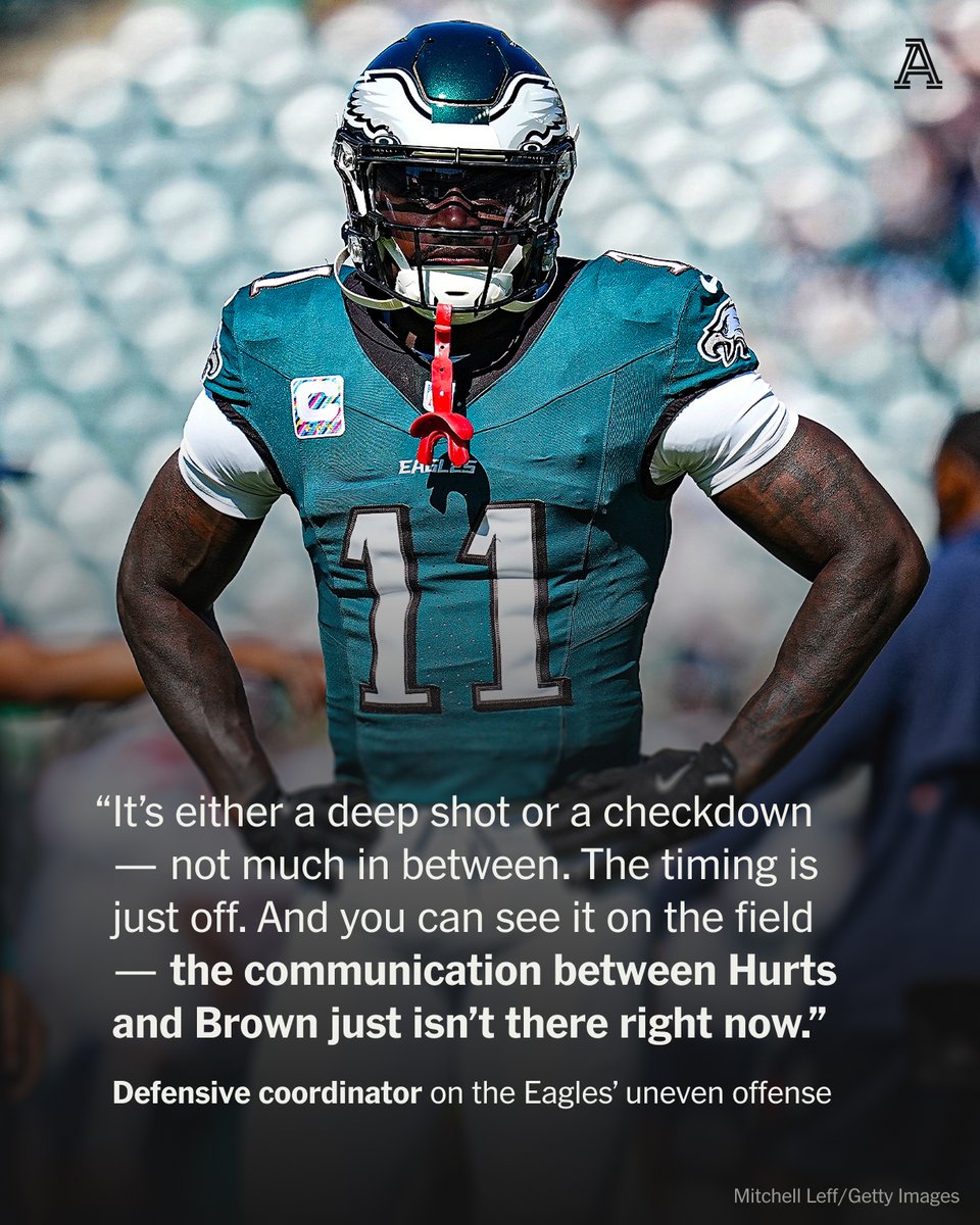 DMRussini's tweet image. The Eagles will insist everything is fine with star receiver A.J. Brown, but many around the league can see it plainly on tape.

If the star wideout continues to seem miserable leading up to the trade deadline, does something have to change?

nytimes.com/athletic/67472…