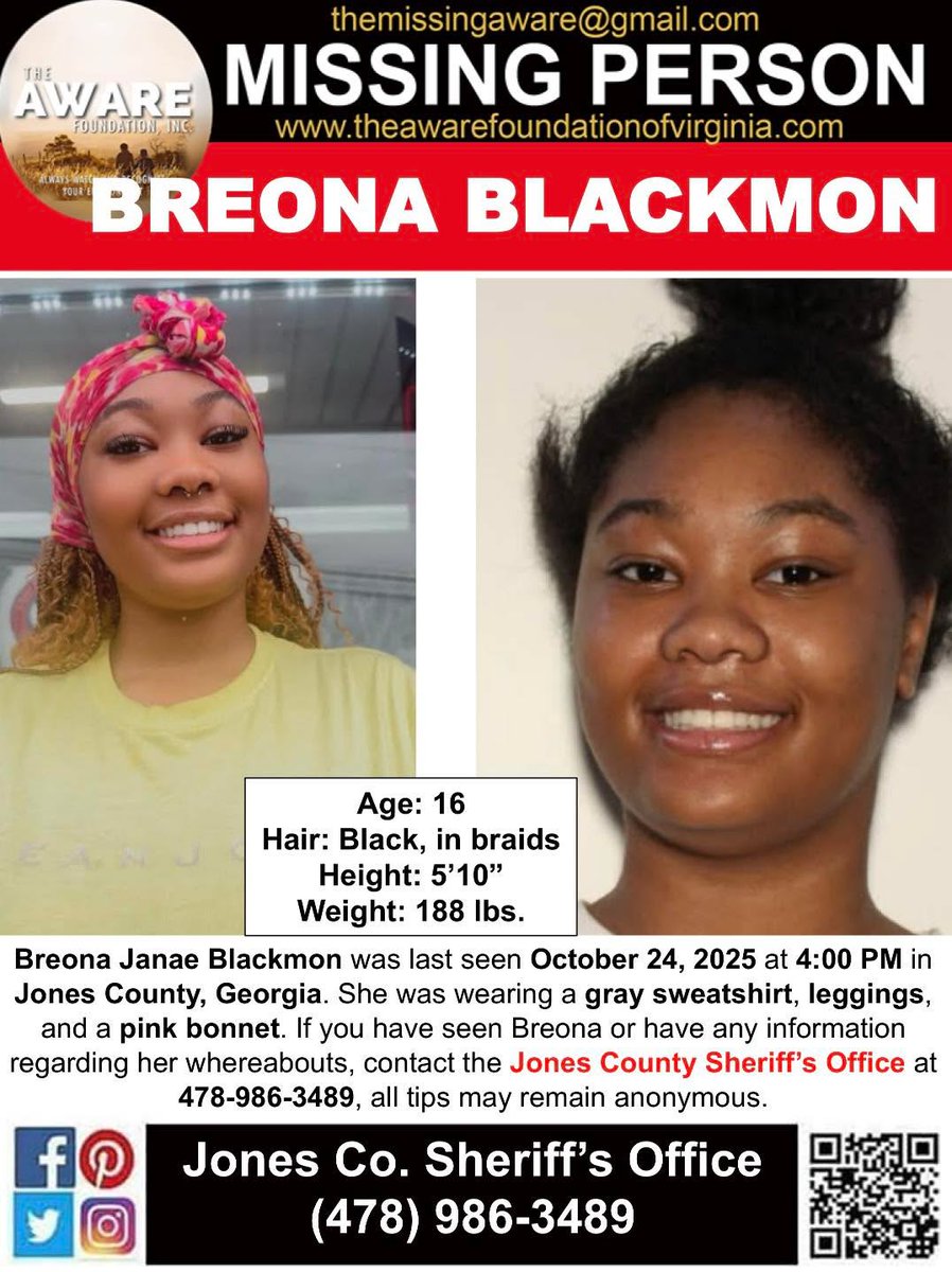 aware_the's tweet image. ***MISSING JUVENILE*** JONES COUNTY, GEORGIA
Breona Janae Blackmon was last seen October 24, 2025 at 4:00 PM in Jones County, Georgia. She was wearing a gray sweatshirt, leggings, and a pink bonnet. If you have seen Breona or have any information regarding her whereabouts,…