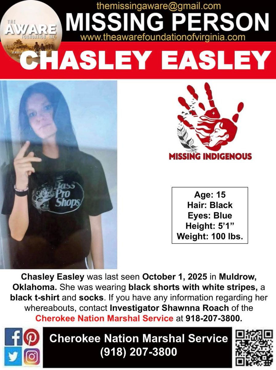 aware_the's tweet image. ***MISSING JUVENILE*** MULDROW, OKLAHOMA
Chasley Easley was last seen October 1, 2025 in Muldrow, Oklahoma. She was wearing black shorts with white stripes, a black t-shirt and socks. If you have any information regarding her whereabouts, contact Investigator Shawnna Roach of the…