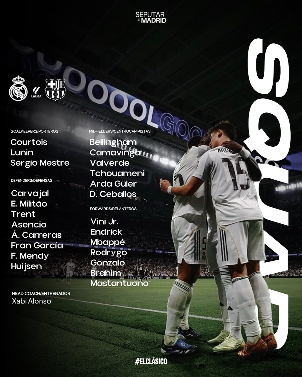SeputarMadrid's tweet photo. ✅ OFFICIAL: Daftar skuad #RealMadrid untuk LaLiga jornada 10 vs Barcelona di Bernabéu besok, Minggu, 26 Oktober, pukul 22.15 WIB live di BeIN &amp; Vidio! 📝⚪️

☑️ Kembali ke skuat: Carvajal, Ceballos, Huijsen, &amp; Trent.

❌ Absen: Alaba &amp; Rüdiger.

#ElClásico | #LALIGAEASPORTS https://t.co/O1M9CUeJUr