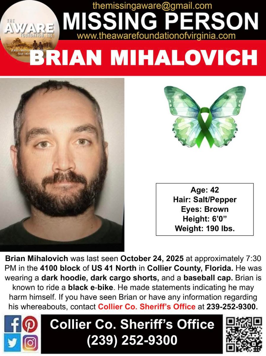 aware_the's tweet image. ***MISSING*** COLLIER COUNTY, FLORIDA
Brian Mihalovich was last seen October 24, 2025 at approximately 7:30 PM in the 4100 block of US 41 North in Collier County, Florida. He was wearing a dark hoodie, dark cargo shorts, and a baseball cap. Brian is known to ride a black e-bike.…