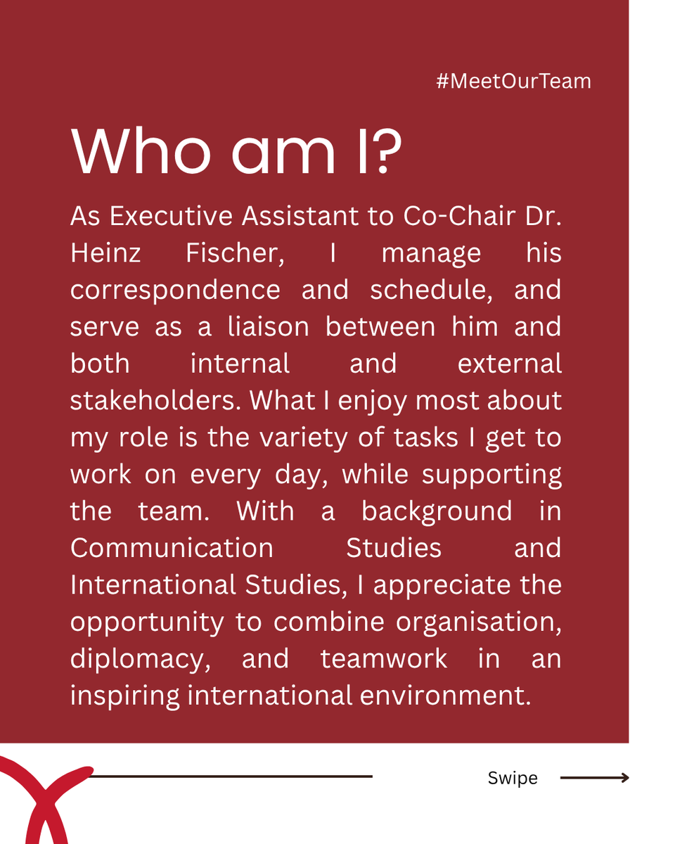 bankimoon_org's tweet photo. #MeetOurTeam: Meet our final team member! 👋 Julia supports #BKMC Co-chair & Former President of Austria Dr. Heinz Fischer and serves as a liaison between him and our stakeholders — while assisting the team with administrative tasks.
📚 Swipe to find out what #SDG4 means to her! https://t.co/OcQyxat3UD