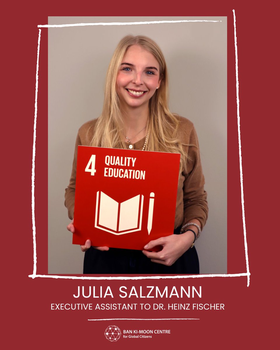 bankimoon_org's tweet photo. #MeetOurTeam: Meet our final team member! 👋 Julia supports #BKMC Co-chair & Former President of Austria Dr. Heinz Fischer and serves as a liaison between him and our stakeholders — while assisting the team with administrative tasks.
📚 Swipe to find out what #SDG4 means to her! https://t.co/OcQyxat3UD