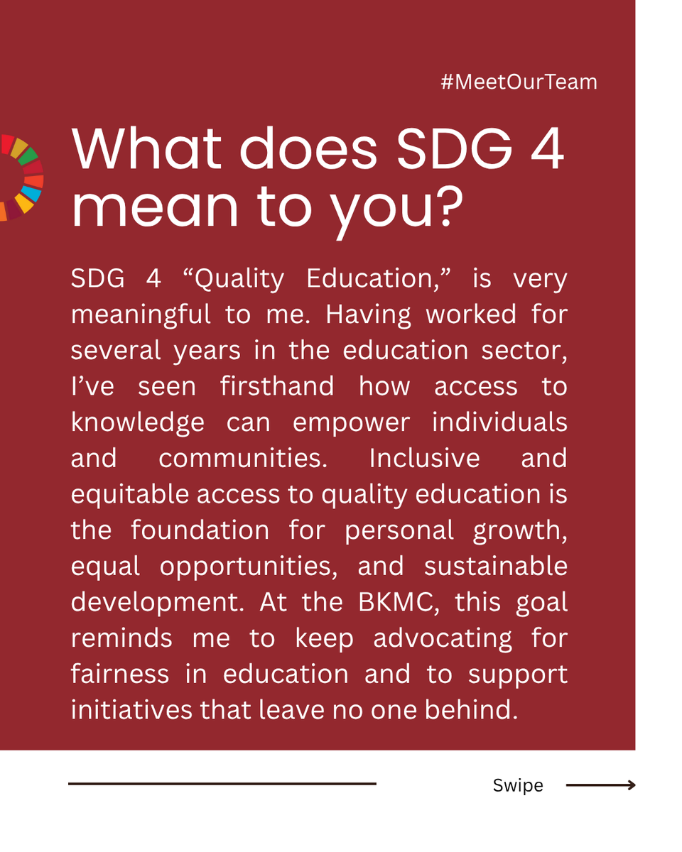 bankimoon_org's tweet photo. #MeetOurTeam: Meet our final team member! 👋 Julia supports #BKMC Co-chair & Former President of Austria Dr. Heinz Fischer and serves as a liaison between him and our stakeholders — while assisting the team with administrative tasks.
📚 Swipe to find out what #SDG4 means to her! https://t.co/OcQyxat3UD