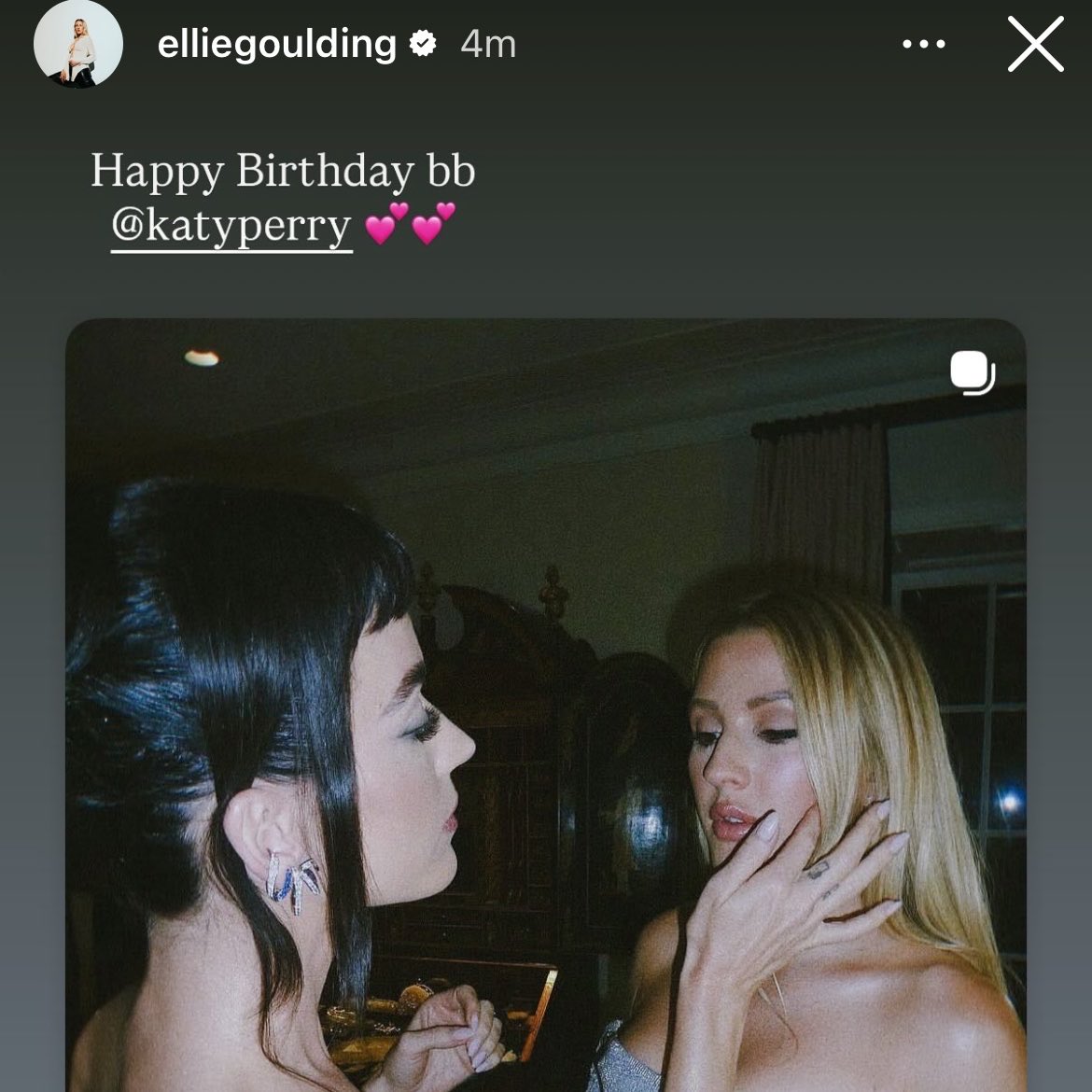 Ellie Goulding wishes Katy Perry a happy birthday via Instagram stories.