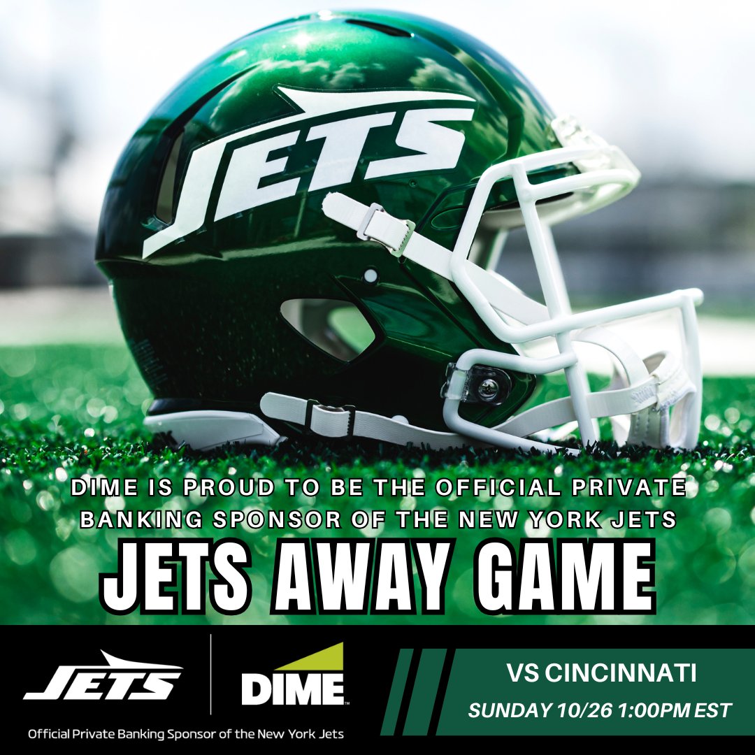 Dime is proud to be the official private banking sponsor for the New York Jets. Be sure to tune in Sunday at 1:00 pm as the New York Jets take on the Cincinnati Bangles on the road!