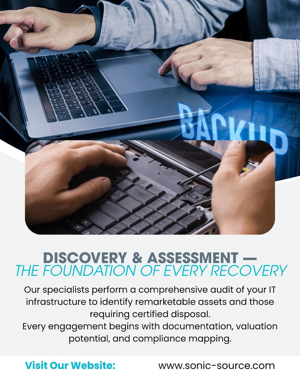 SourceSoni25436's tweet image. Before recovery begins, knowledge comes first.
Sonic Source’s Discovery and Assessment phase provides clarity—what can be resold, recycled, or securely destroyed.
---
Visit Our website: sonic-source.com 
.
.
.
.
#SonicSource #SmartConnectivity #itservices #cybersecurity