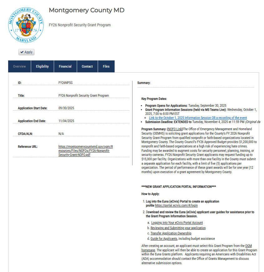 OEMHS is seeking qualified applicants from non-profit and faith-based organizations for the FY26 Nonprofit Security Grant Program. For more information and to apply visit: ow.ly/ZA7b50XbcNz.

Application deadline: Tuesday, November 4th, 2025, at 11:59 PM