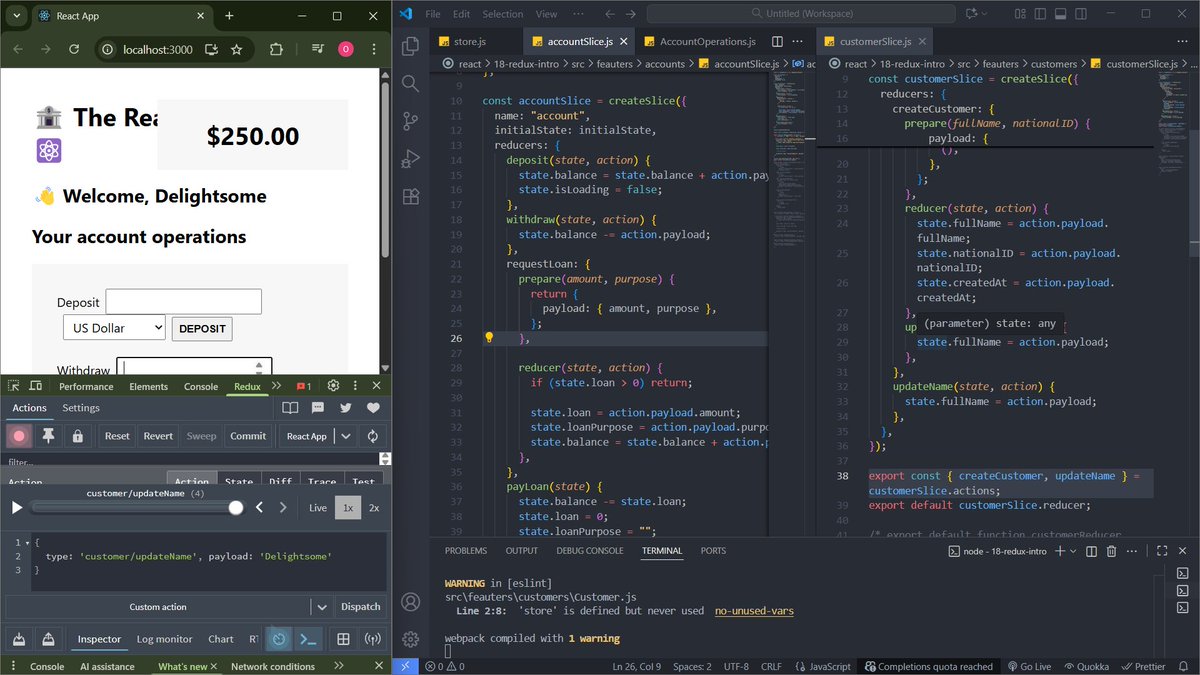 DelightOfili's tweet image. Day 46 of learning React ⚛️
Dived deeper into Redux — explored middleware, thunks, and making API calls. Also tried Redux DevTools &amp; Redux Toolkit for cleaner state management. I also finished my little redux project. 
#100DaysOfCode #ReactJS #Redux
