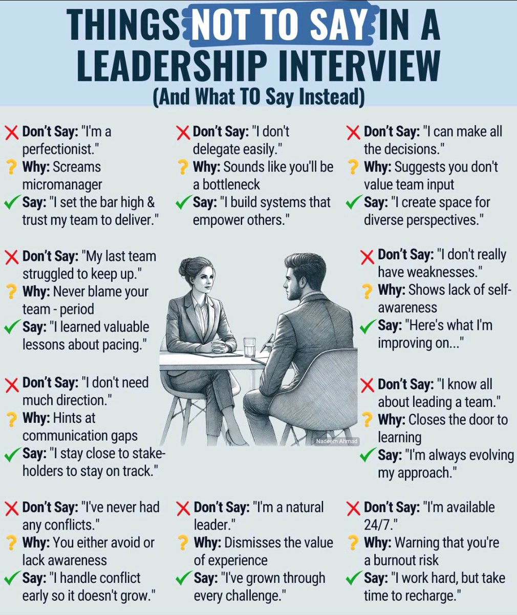 10 Things NOT to Say in a Leadership Interview (and what To say instead):

Don't fall into the trap of sending the wrong message.