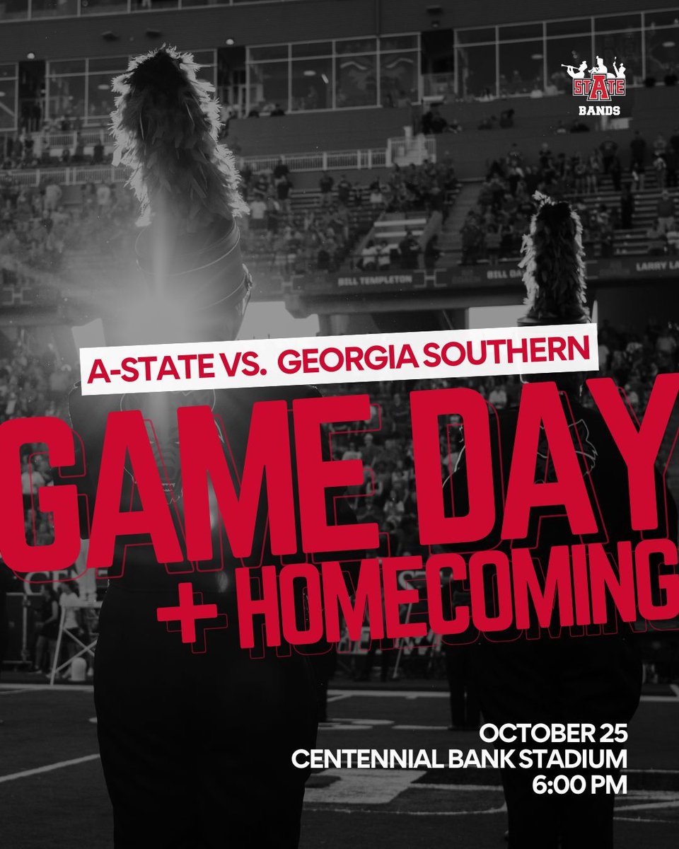 AStateBands's tweet image. It’s Homecoming! 🎉 Come cheer on the Red Wolves, join the fun, and meet your 2025 Homecoming Court. Kickoff is at 6 PM! 🐺⬆️ 

#Homecoming #RedWolves #WolvesUp