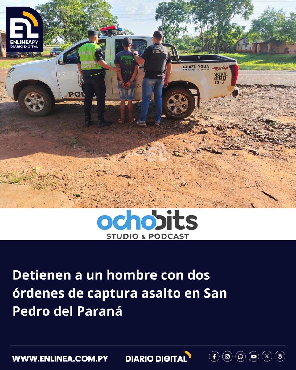 enlinea_py's tweet image. La Policía Nacional detuvo ayer a un hombre que contaba con dos órdenes de captura por supuesto hecho de robo agravado en un camino rural de la compañía Tarumá, en San Pedro del Paraná.
enlinea.com.py/detienen-a-un-…