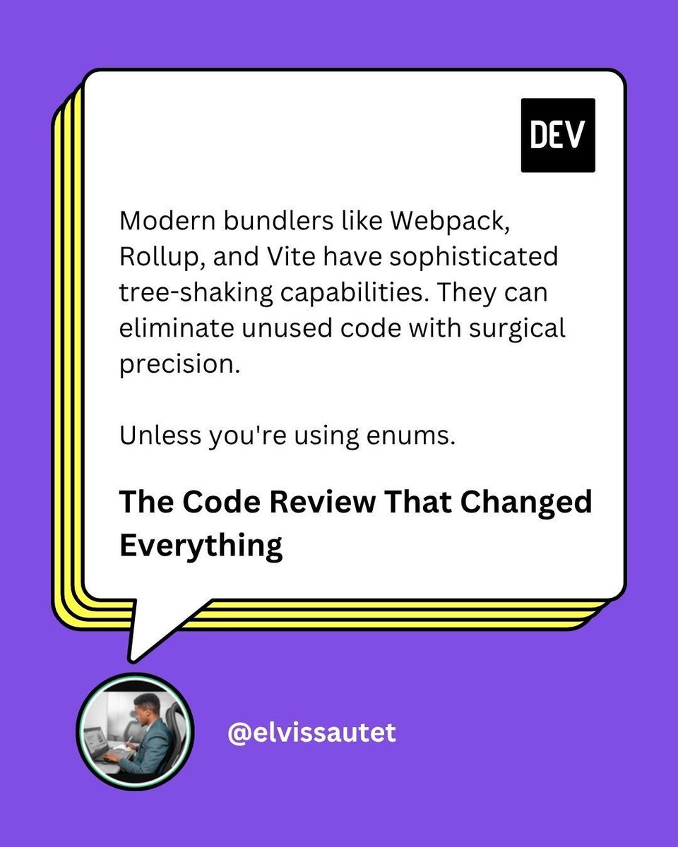 ThePracticalDev's tweet image. "Please don't use enums." Why this review comment sparked a major shift for @elvisautet's Typescript syntax.
Read it here: dev.to/elvissautet/th… 
#Javascript #Typescript #Webdevelopment
