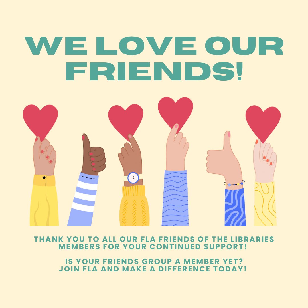 As we close out National Friends of Libraries Week, FLA wants to thank our Friends for their year-round dedication! If you're group needs to sign up or renew, click this link and scroll to the "Friends" option! loom.ly/VjFqAn0 #FloridaLibraries #FriendsOfLibrariesWeek