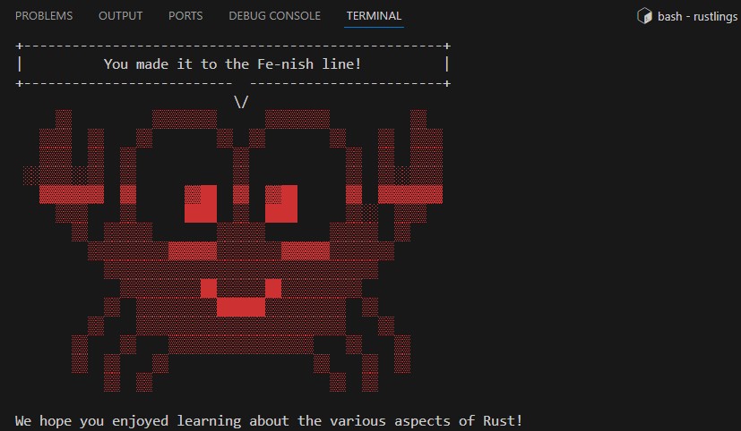 0x8888rs's tweet image. Done with Rustlings.
enum RustJourney {
    CompilerErrors(Defeated), 
}
// Rust code is all I think about.
#rustlang #rustprogramming