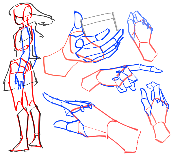 gVMOUmbC5rdeJ05's tweet image. 手や素体の下書き、線が重なると混乱しがち。
重なる部分は色を変えると立体がわかりやすくなります。