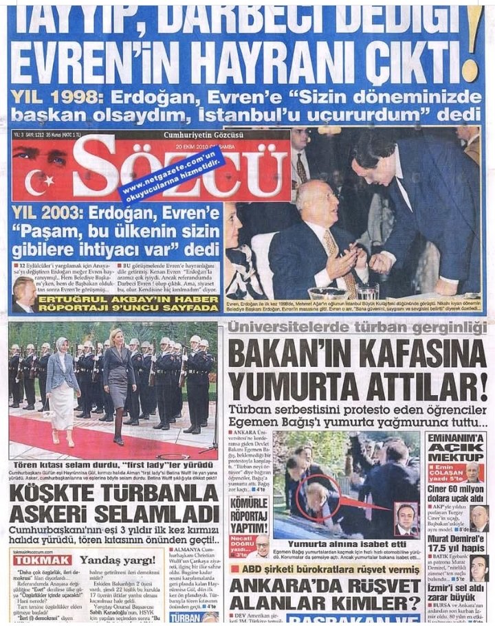 Bakınız Erdoğan darbeci dediği Evren'e 1998'de 
"Sizin döneminizde başkan olsaydım İstanbul'u uçururdum"

2003'te de
"Paşam bu ülkenin sizin gibilere ihtiyacı var"demiş

23 yıldır neden başımızdalar
Benzerlik var gibi bazen
#HalkDardaVekilTatilde