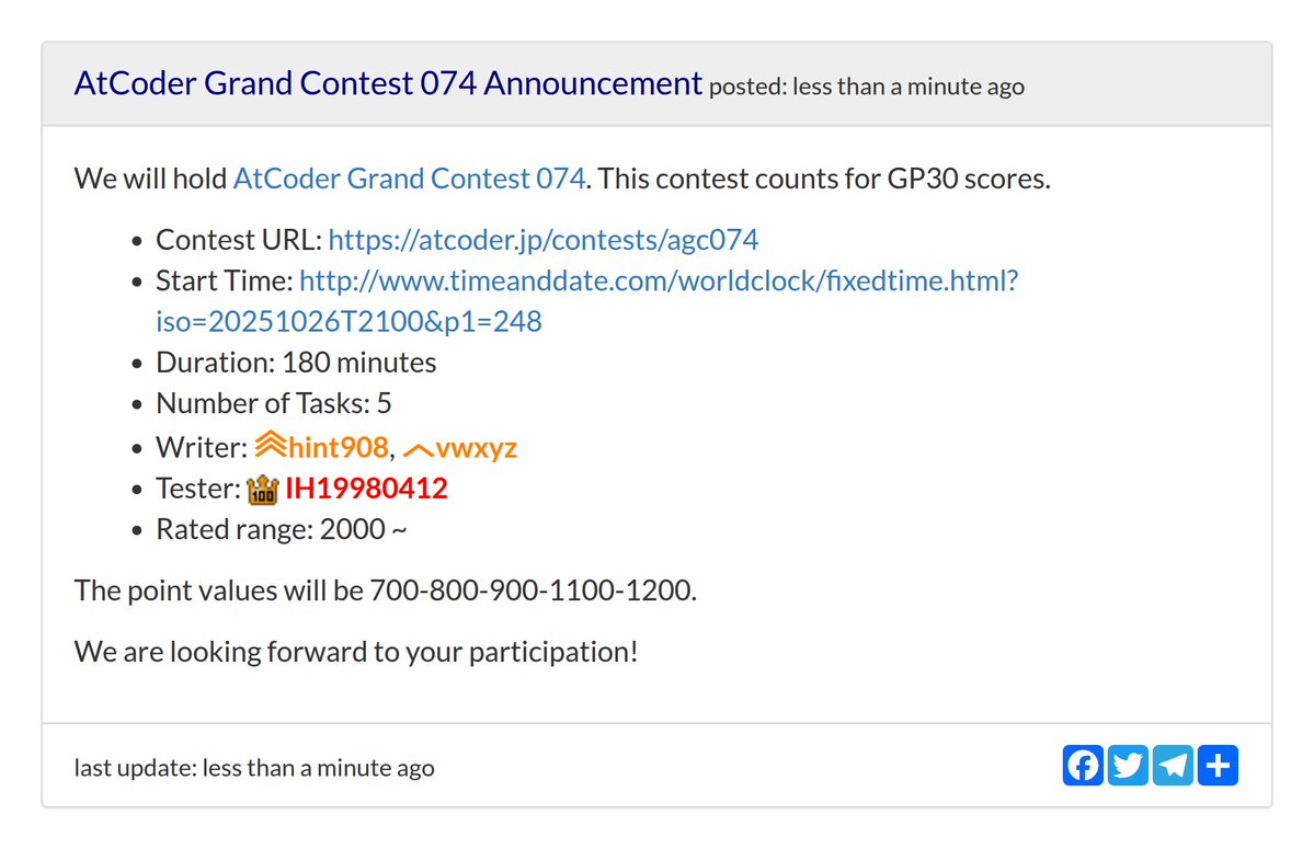 AtCoderInfoBot's tweet image. お知らせが更新されました
AtCoder Grand Contest 074 Announcement
atcoder.jp/posts/1590