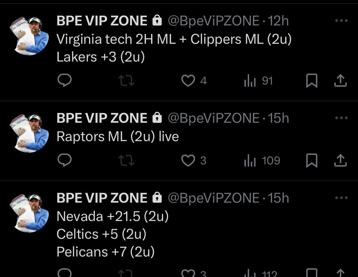Pistons +9 (2u)💰
Kings ML (2u)💰
Virginia Tech ML + Clips ML (2u)💰
Virginia Tech 2H ml + Clips ML (2u)💰
Lakers +3 (2u)💰
Nevada +21.5 (2u)💰
Pelicans +7 (2u)💰
Raptor ML (2u) L
Celtics +5 (2u) L
Dodgers ML (2u) L

SUPER SATURDAY TODAY! Come lock in boys 📱
