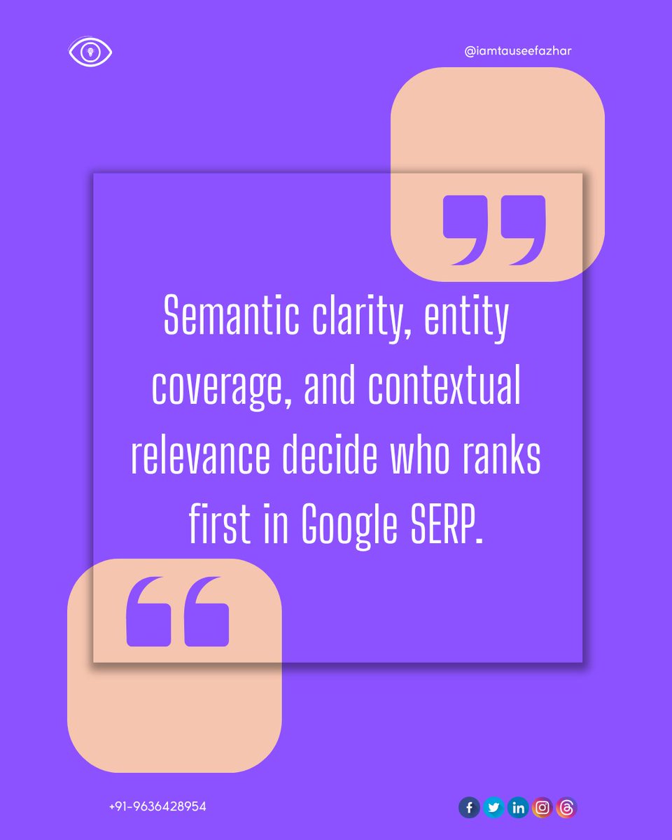 iamtauseefazhar's tweet image. Semantic clarity, entity coverage, and contextual relevance decide who ranks first in Google SERP.
#GoogleRanking #Onpageoptimization #searchengineoptimization #googleseo #tipsforseo #seotips #semanticseo