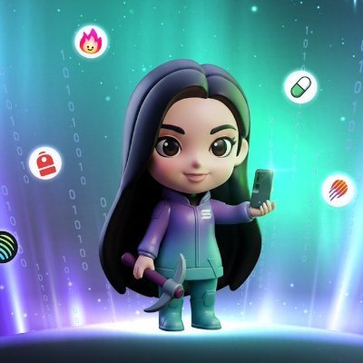 망치 든 솔라나 빌더로 묘사된 귀여운 치비 스타일의 릴리 리우, 활기찬 초록 배경에 불꽃 이모지와 암호화폐 아이콘으로 둘러싸인 모습