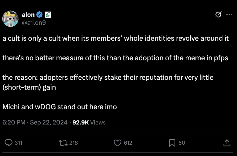 shadeniight's tweet photo. a1lon9 was talking about what really makes a "cult"

"theres no better measure of this then the adoption of memes in pfps, adopters effectively stake their reputation for very little (short-term) gain"

introducing the only PFP cult alon has endorsed, the cult of "adopters"

$Adopters PFP Cult

https://t.co/jXvucojZY2…