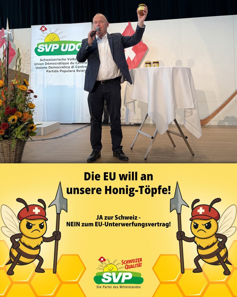 An der Delegiertenversammlung in Wimmis (BE) bekräftigte die SVP Schweiz ihren Kampf gegen den EU-Unterwerfungsvertrag. Die Schweiz ist erfolgreich, weil sie unabhängig ist und selber bestimmt.

👉🏻 svp.ch/aktuell/publik…