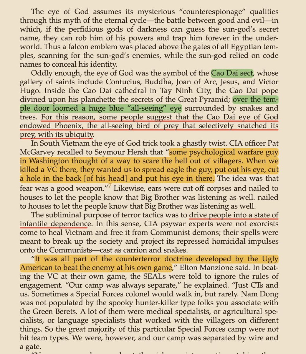 Oficial CIA Pat McGarvey:

"Un experto en guerra psicológica en Washington ideó una forma de aterrorizar aldeanos. Cuando matábamos a un vietcong, querían que abriéramos el cuerpo en cruz, sacáramos un ojo, hiciéramos un agujero detrás de su cabeza y le metiéramos el ojo allí."⬇️