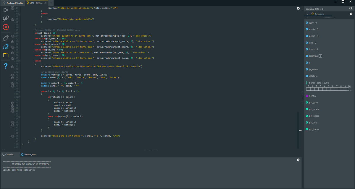 dant_cam's tweet image. Estudando lógica de programação com um sistema de votação em Portugol 🗳️
👉 Confira o projeto completo no GitHub:
 🔗 lnkd.in/dH44ApgB
#programacao #algoritmos #estudos