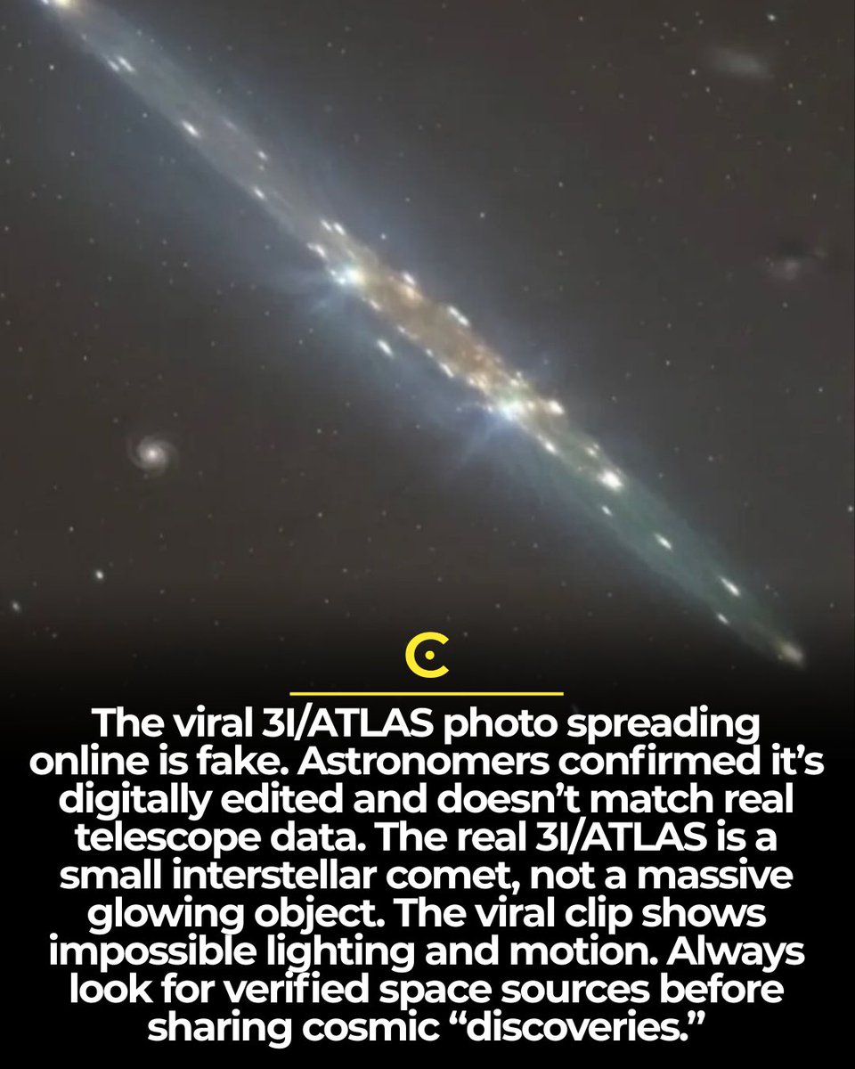 cosmoknowledge's tweet image. The viral 3I/ATLAS photo making rounds online is completely fake. Experts confirmed it was digitally manipulated using edited light trails and motion effects.