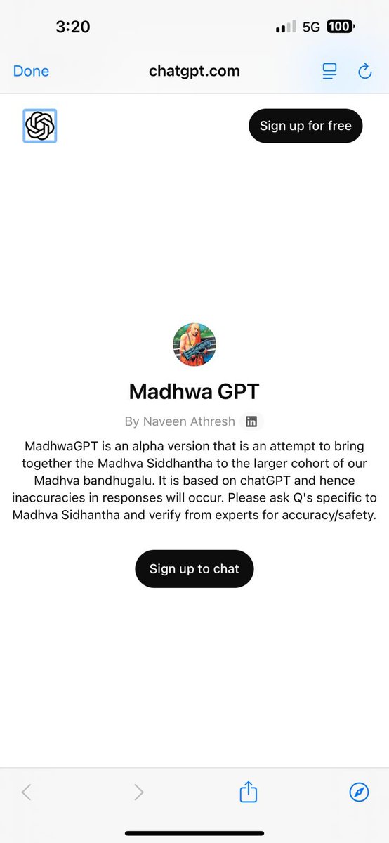 naveenathresh's tweet photo. MadhwaGPT prominently featured on Sri Vyasaraja Matha (Sosale) website, iOS and Android app. The links are very prominent on the home page of the website at top center (prominent real estate!) and the iOS and android apps on the side nav bar. Very valuable as long as people recognize a GPT will be helpful but we have to vet it independently and also validate content accuracy. We try to focus on Tattva jnana bhakti vairagya too obviously in accordance with Madhva Sidhantha but it is imperative users use their independent judgement before making sense of the results due to the nature of GPT's. We are working on a ground up version of MadhvaGPT too and it will eventually be hosted on our domain: https://t.co/6qaoyt75Fk (this is today pointing to the chatGPT based MadhwaGPT version).

@SVMatha