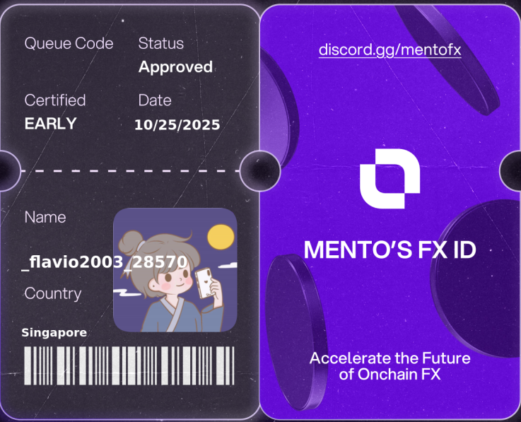 Licensed to trade the internet’s FX layer. 

Claimed my FX ID on discord.gg/mentofx 

 every currency, onchain with <a href="/MentoLabs/">Mento (fx/acc)</a>